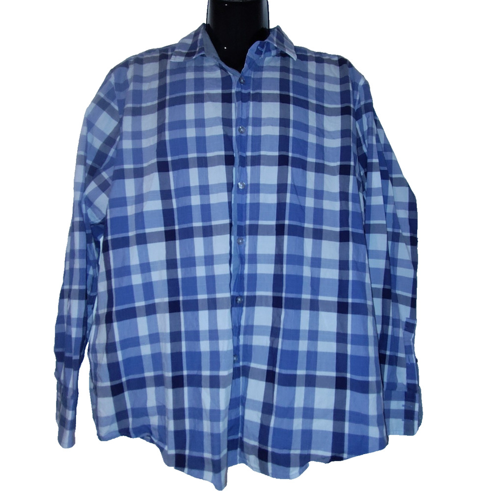 Hugo Boss Men’s Blue Plaid Button‑Up Shirt Regular Fit Size L BG16